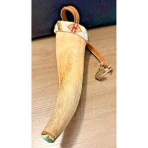 Vintage Steer Horn with Decorative Beaded Rim, Leather Strap, Turquoise Stone